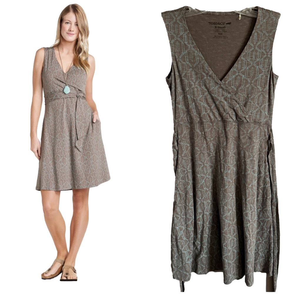 Toad & Co Cue Wrap Sleeveless Dress Falcon Brown Batik Dot Print Size XS - Picture 1 of 7